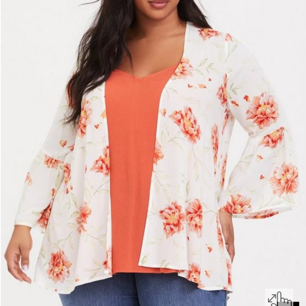 Plus Size Torrid 1x/2x Ivory & Orange Floral Chiffon Kimono top